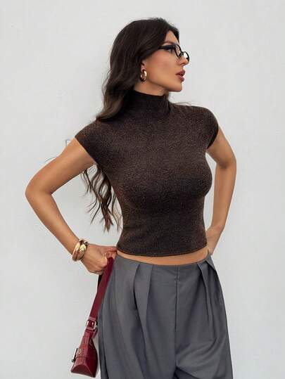 SHEIN Tall Women's Autumn/Winter Short Sleeve High Neck Tight Fitted Thin Fleece Knit Sweater, Versatile For Spring/Summer