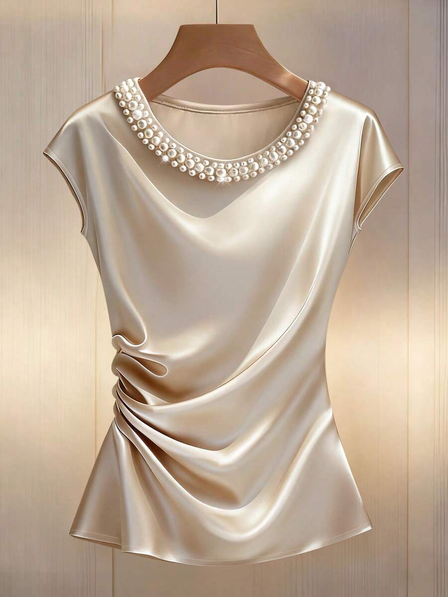 Franclia 女士简约圆领珍珠袖衬衫，优雅休闲 - 杏色 - 查看 1