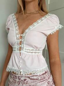 CovetEZ 粉色休闲女式撞色蕾丝深V领短袖性感上衣 - 粉色 - 查看 5