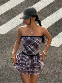 StreetHx Women's Y2K Contrast Lace Plaid Ruffle Hem Fashionable Bandeau Dress - Multicolor - View 3