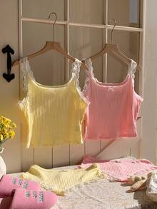 CovetEZ 2pcs Women Contrast Lace Camisole And Panty Set - Multicolor - View 4