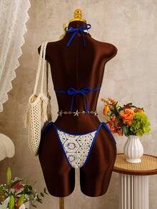 Bellisia Women's Summer Beach Crochet Floral Halter Tie Sexy Bikini Set With Coverup And Skirt - Apricot - View 5