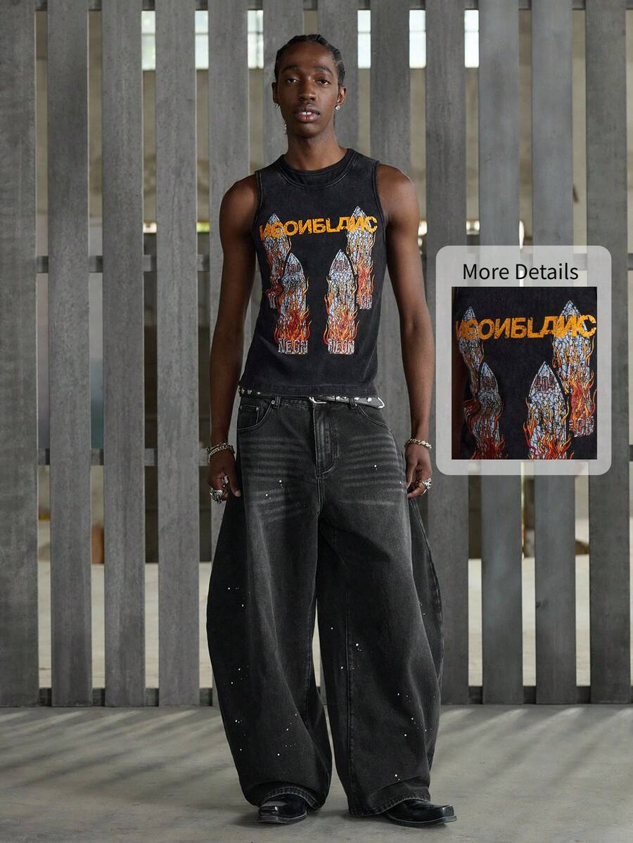 NEON BLANC 男士休闲字母印花圆领背心，夏季 - 黑色 - 查看 1