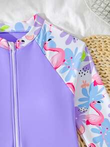 SHEIN 少女碎花拉链长袖连体泳衣，夏季海滩度假 - 紫色 - 查看 3