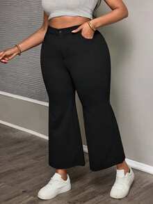 SHEIN PETITE CURVE 大码休闲纯色喇叭裤，适合日常生活、通勤、聚会、毕业典礼、办公室、约会、春季、外出等场合，女士休闲黑色裤子 - 黑色 - 查看 5