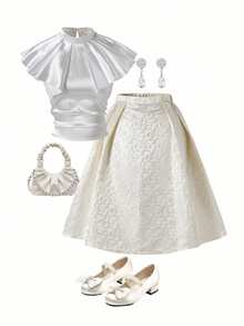 SHEIN 2pcs/Set Elegant Teen Girls Asymmetric Ruffle Collar Blouse + 3D Floral Textured Skirt Suit, Princess Dress Set