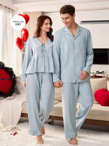 CoupledUp 情侣纯色翻领开衫睡衣套装 - 霧霾藍 - 查看 3