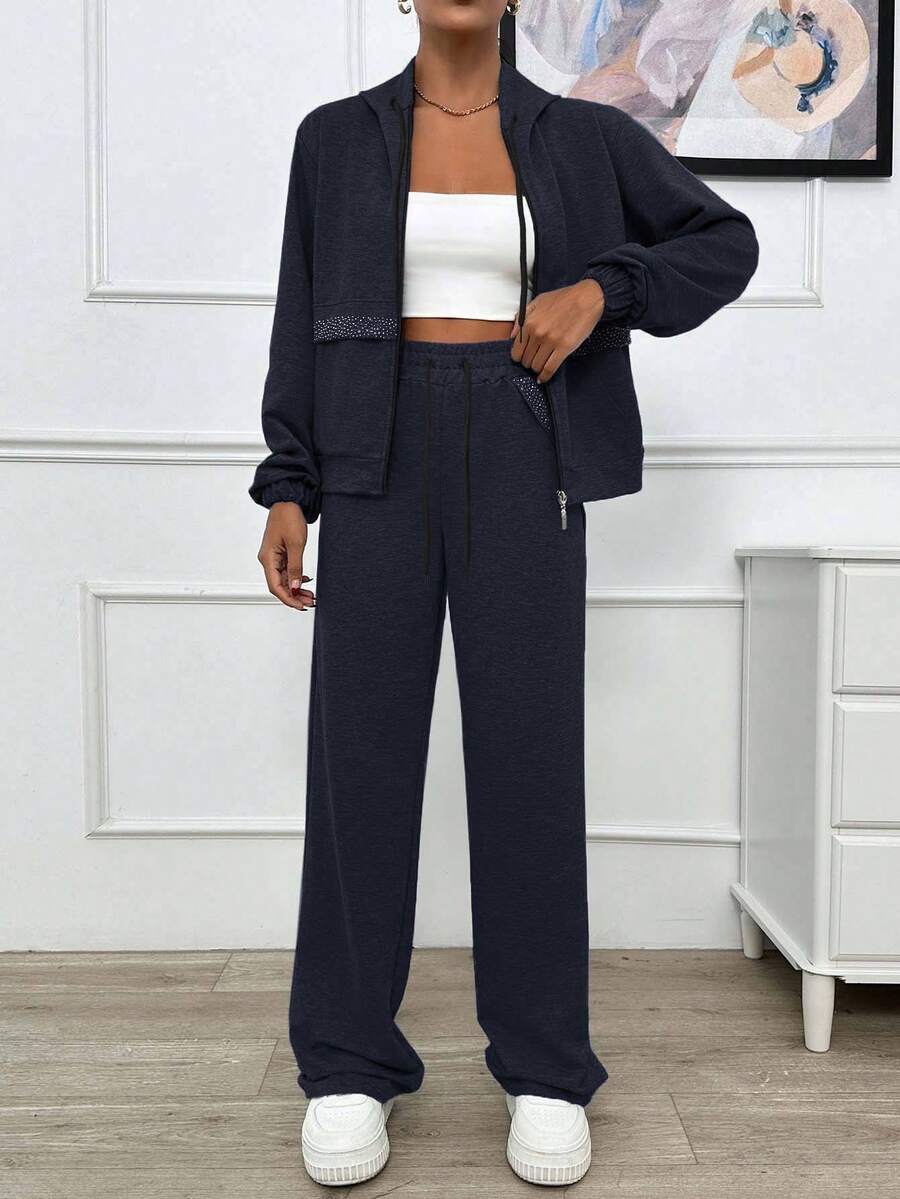 EURMUSE TWO PIECES TWO THREAD LIGHT GREY HOODIE SWEATSHIRT AND SWEATPANT WITH SPARKLE STONE DETAIL - Navy Blue - View 1
