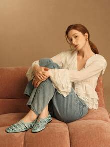 Rosivie 优雅镂空平底女鞋，时尚舒适，法式方头设计，尽显优雅气质 - 綠色 - 查看 3