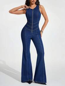 Jeanoix Women's Backless Zipper Design Fitted Denim Flare Jumpsuit, Suitable For Daily Wear - Dark Wash - View 6