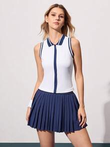 CourtClass CourtClass 女士撞色Polo领定制罗纹袖口拉链背心休闲运动网球衫，适合日常穿着，女士网球服，高尔夫球服，女士网球服 - 白色 - 查看 4