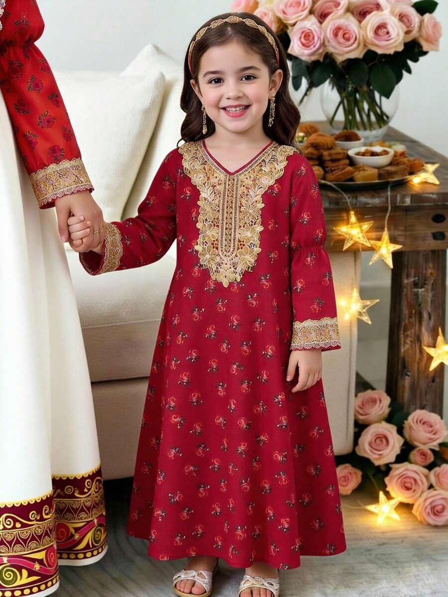 SHEIN 少女碎花宽松圆领休闲连衣裙 - 紅色 - 查看 1