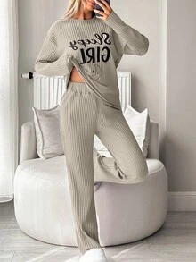 EURMUSE Sleepy Girl Ribbed Lounge Set – Moon & Cozy Vibes In Blush Pink - Beige - View 3