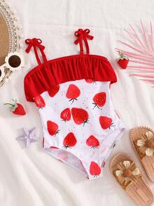 SHEIN Emery Rose Kids 女童草莓图案荷叶边泳衣和帽子套装，可爱针织夏季女童夏季度假沙滩西瓜印花荷叶边连体泳衣 - 紅白色 - 查看 5
