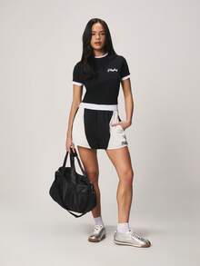 Missguided x Playboy Color Block Mid Thigh Drawstring Runner Shorts With Side Pockets And Logo Branding For Casual Summer Wear - Black and White - View 3