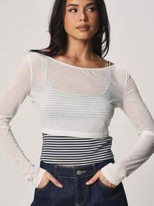 MISSGUIDED Layered Long Sleeve Off Shoulder Mesh Top With Striped Design Perfect For Casual Spring Summer - Multicolor - View 4