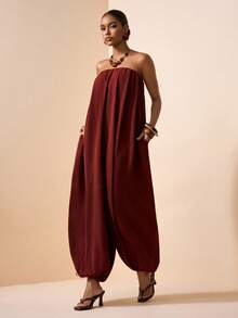 Zivah Women's Solid Color Pleated Pocket Jumpsuit, Fashionable For Daily Wear, Travel And Vacation - Brown - View 3