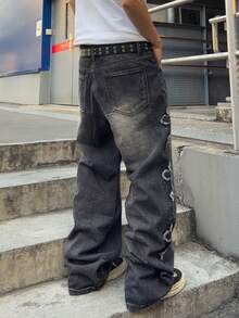 ROMWE MEN Street Life Spring Casual Men'S Cross Patch Pocket Frayed Hem Wide Leg Loose Casual Jeans - Grey - View 2