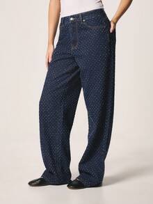 MISSGUIDED Mid Rise Baggy Nibble Jeans With Nibble Pattern Relaxed Fit Wide Leg Denim Pants For Women - Blue - View 3