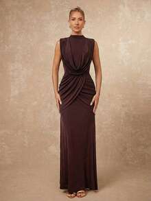 Lumalex 女士优雅棕色立领荷叶袖褶皱修身喇叭连衣裙，春夏款 - 棕色 - 查看 6