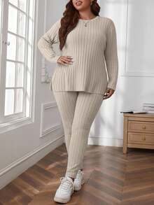 SHEIN Cottnline Plus Size Women Solid Color Crew Neck Ribbed Long Sleeve Top And Pants Casual Outfit - Beige - View 5