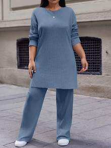EURMUSE Cotton Plus Size Solid Color Batwing Sleeve Long Sleeve T-Shirt And Long Length Pants Two Pieces Set - Baby Blue - View 4