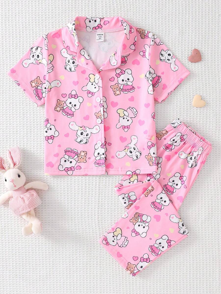 Young Girl' Pink Heart Rabbit Cartoon Print Short Sleeve Pajama Set, Flame Retardant - Pink - View 1