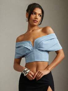Hauture Sexy Elegant Summer Office Pleated Off Shoulder Bustier Crop Top - Blue - View 6