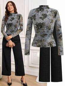 Ellevyn Áo thun dài tay cổ đứng ôm dáng, in hoa, xếp ly dành cho nữ - Nhiều màu - Xem 1