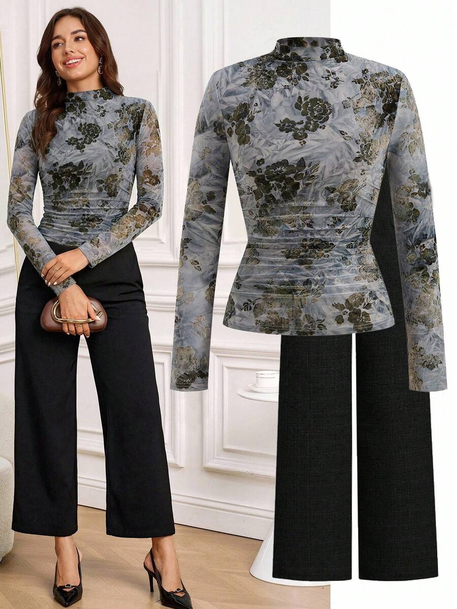 Ellevyn Áo thun dài tay cổ đứng ôm dáng, in hoa, xếp ly dành cho nữ - Nhiều màu - Xem 1