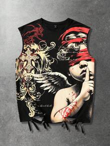 ROMWE MEN 男士无袖背心，街头风暗黑美式天使孩童荆棘印花做旧背心 - 黑色 - 查看 8