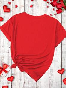 SHEIN Essnce 女士休闲宽松圆领短袖T恤，爱心印花，适合夏季和情人节穿着，红色，春季女装，夏季外出上衣，红色图案T恤，可爱红色上衣 - 紅色 - 查看 2