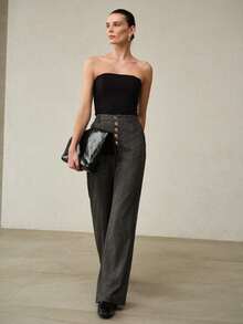 MOTF PREMIUM WOMEN'S LINEN STRIPED SPLICING DESIGN BUTTON SUIT PANTS, SPRING/SUMMER - Grey - View 1