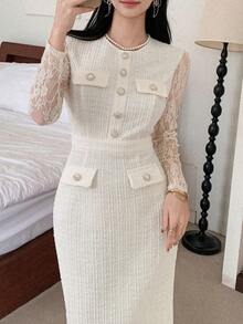 DAZY 女士撞色蕾丝长袖纽扣设计修身优雅中长连衣裙