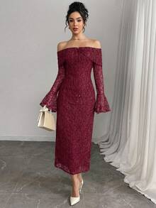 Modelyn 女士优雅蕾丝露肩喇叭袖中长连衣裙，秋季 - 酒紅色 - 查看 4