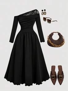 SHEIN MOD Gaun Hitam Ukuran Besar, Musim Gugur, Elegan, Formal, untuk Makan Malam, Gaun Midi Rajut Lengan Panjang Leher Asimetris dengan Hem Mengembang dan Detail Kerut yang Elegan - Coklat - View 1