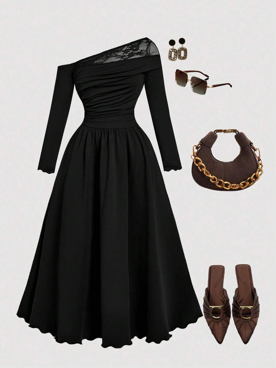 SHEIN MOD Gaun Hitam Ukuran Besar, Musim Gugur, Elegan, Formal, untuk Makan Malam, Gaun Midi Rajut Lengan Panjang Leher Asimetris dengan Hem Mengembang dan Detail Kerut yang Elegan - Coklat - View 1