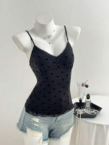 Elamini 女士休闲黑色植绒波点性感V领蕾丝边拼接吊带背心，夏季 - 黑色 - 查看 5