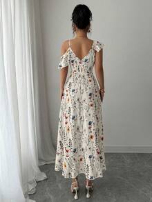 Elenzga Elegant Asymmetric Ruffle Floral Print Summer Dress - Apricot - View 2