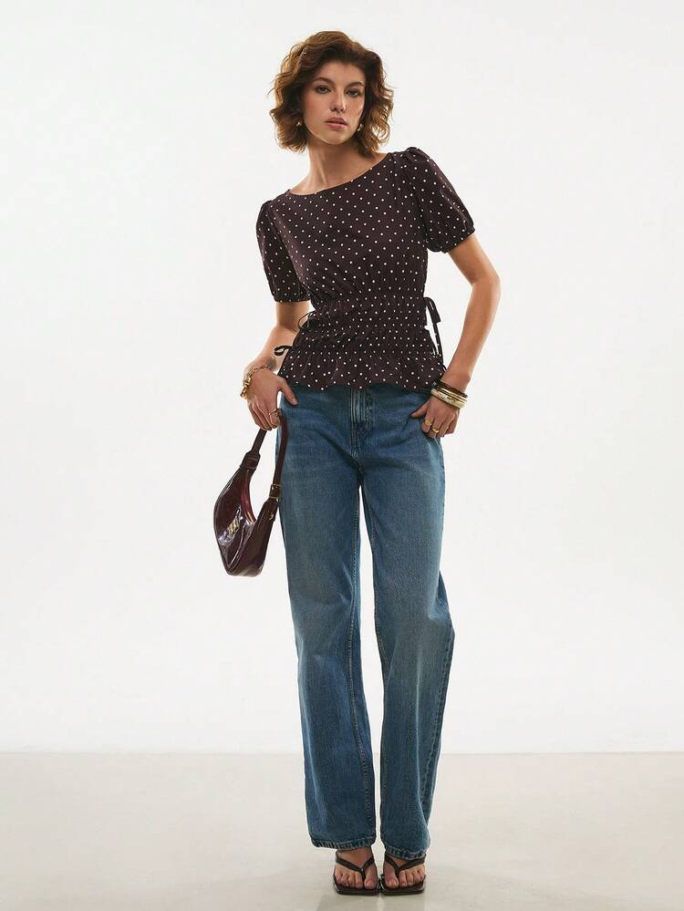 Poéselle Polka Dot Cinched Waist Round Neck Short Sleeve Top, Cute Polka Dot Puff Sleeve Peplum Top For Women, Chocolate Brown With White Polka Dots, Ruched Waist Spring Summer Blouse, Retro Y2K Casual Chic Elegant Vacation French-Style Top - Coffee Brown - View 6