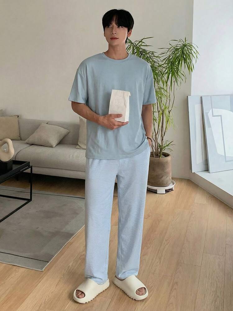 Men's Short Sleeve T-Shirt And Pants Pajama Set, Summer