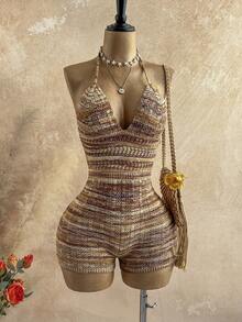 Soleia 新款复古棕色渐变V领露背修身连体裤，波西米亚风，度假风，复古风，假日风，海滩风，邮轮风 - 彩色 - 查看 5