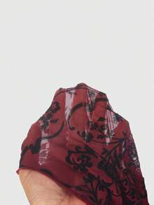 ROMWE Fairycore 大码女式花卉植绒打结喇叭袖短款时尚上衣 - 酒紅色 - 查看 5