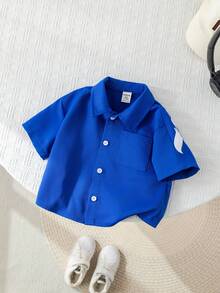 SHEIN Baby Boy Casual Fashionable Slogan Graphic Blue Short Sleeve Shirt Top, Spring/Summer Baby Boy Clothes Letterman Baby Boy Jersey Shirt Baby Baseball Shirt - Royal Blue - View 3