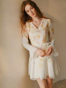 MOTF PREMIUM WOMEN'S FLORAL PRINT HOLLOW EMBROIDERY BELTED SHORT DRESS - Multicolor - View 6