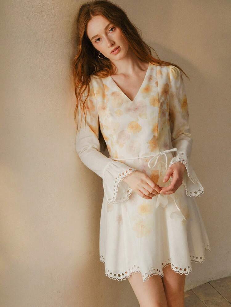 WOMEN'S FLORAL PRINT HOLLOW EMBROIDERY BELTED SHORT DRESS