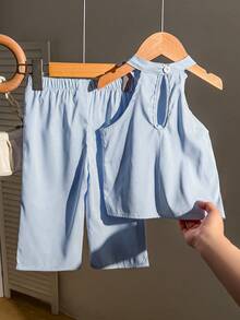 Toddler Blue & White Striped Halter Top & 3D Flower Long Pants T-Shirt Set, Suitable For Travel, Vacation, And Daily Wear - Baby Blue - View 2
