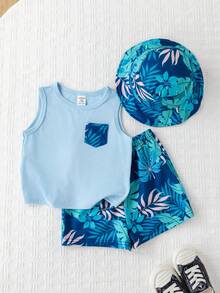 SHEIN 3件套男女宝宝休闲度假可爱热带植物印花无袖针织上衣、短裤和遮阳帽套装，春夏宝宝服装 - 藍色 - 查看 1