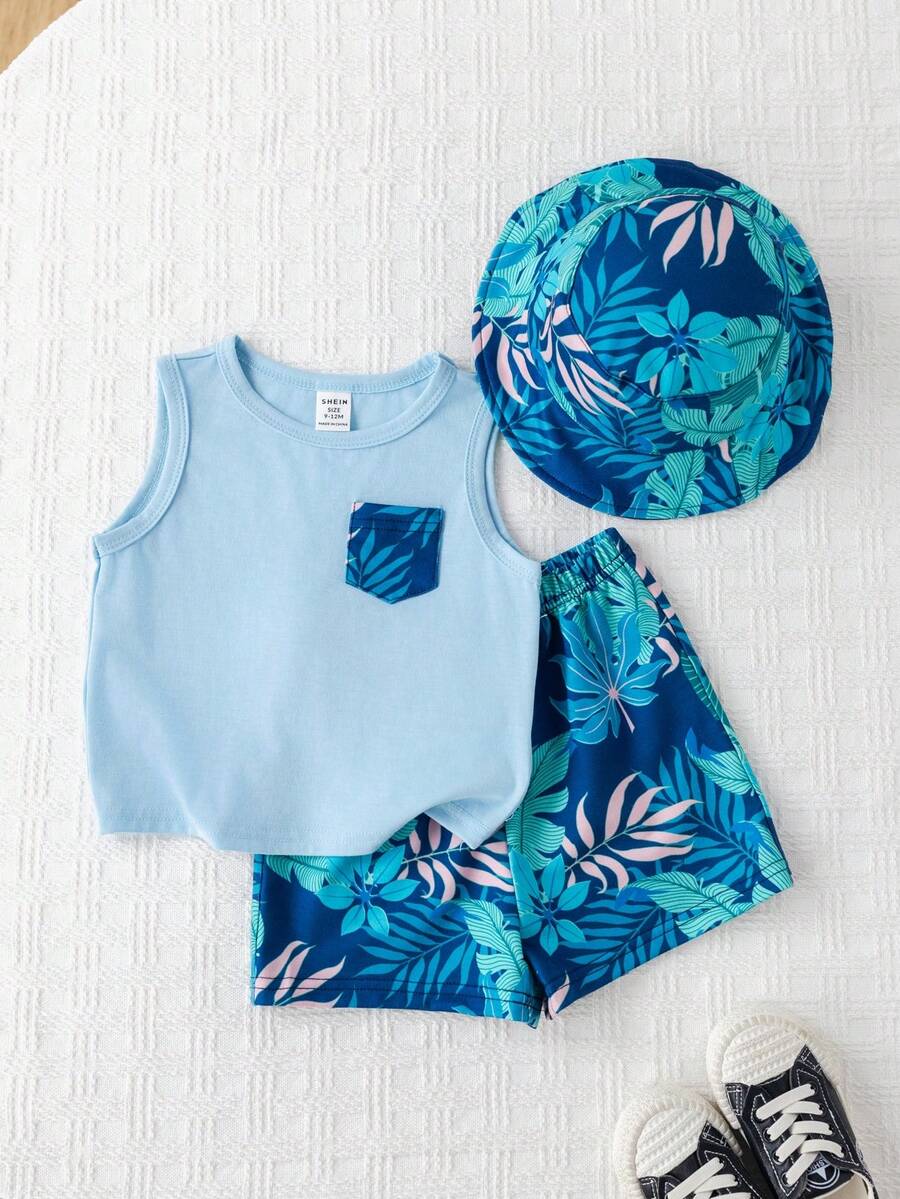 SHEIN 3件套男女宝宝休闲度假可爱热带植物印花无袖针织上衣、短裤和遮阳帽套装，春夏宝宝服装 - 藍色 - 查看 1