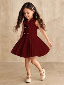 Elladie kids Young Girls Sleeveless Top & Pleated Skirt T-Shirt Set, Suitable For School, Outings And Other Occasions - Burgundy - View 1